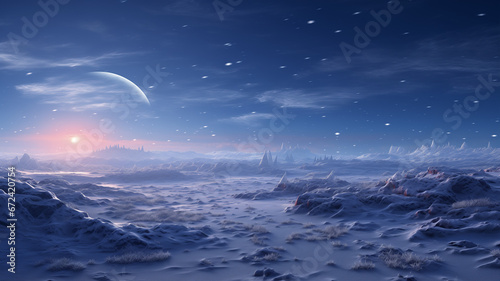 Fantasy image if winter landscape in unknown land. Night sky view with snow covered landscape