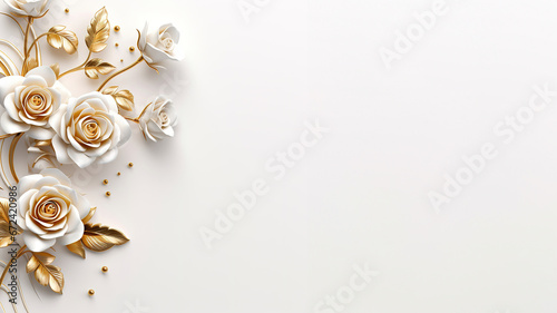 White roses frame with golden details over white background with copy space