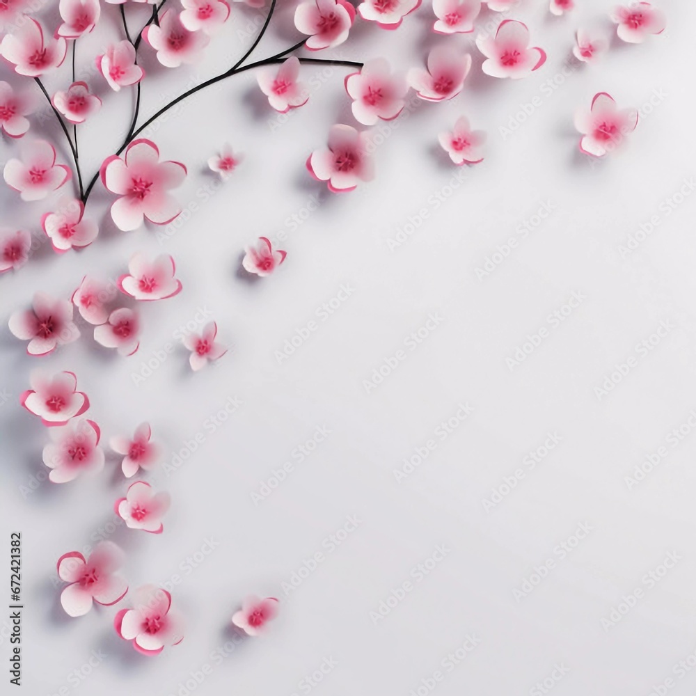 St. Valentines Day minimalistic background with pink flowers and hearts, AI generator