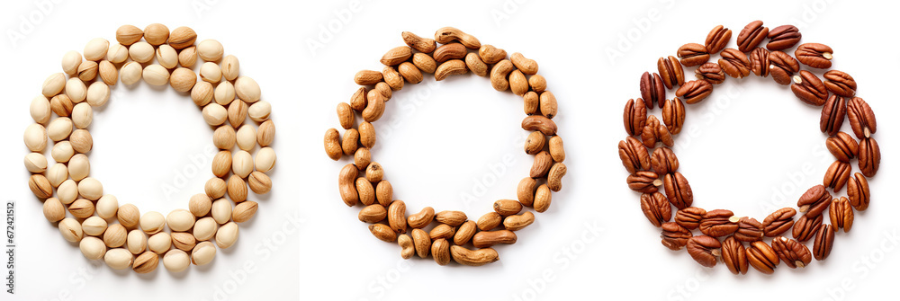 Macadamia nuts, peanuts and pecan nuts circle frames over white background Macadamia nuts, peanuts and pecan nuts circle frames over white background