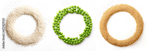 Rice, green peas and couscous circle frames over white background