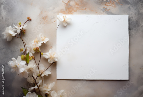 Beautiful flowers background, flat lay. Space for text. Blank sheet of paper and spring cherry blossom background. grunge background. greeting card with branch of blossoming tree background. mocap photo