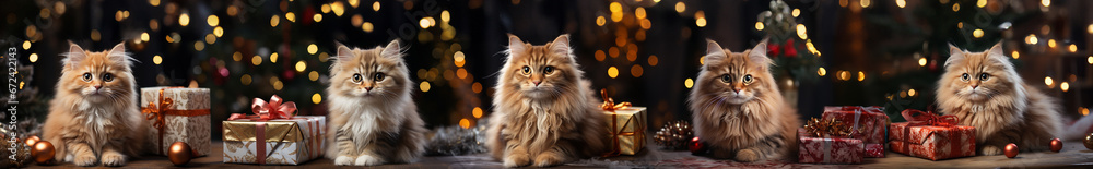 five cats with beautiful gift boxes on a Christmas background.Christmas and New Year concept.banner. 