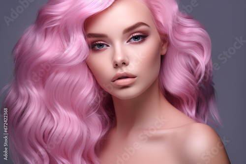 Portrait of a beautiful girl with pink hair. Perfect make-up. young woman with pink hair. Beauty, fashion. girl with pink lips. 