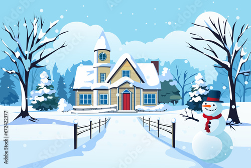 Christmas house with snowy yard, trees and snowman in snowy weather. A festive snowman against the backdrop of the road leading to a decorated house. Christmas Eve. Design for postcard, poster, banner