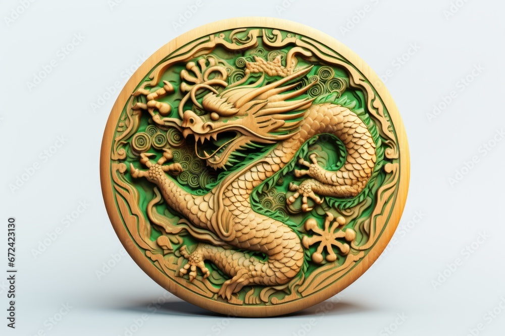 A majestic gold dragon depicted on a vibrant green and white background. Perfect for fantasy-themed designs and illustrations.