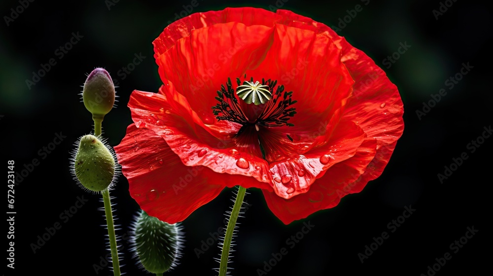 © Anna - a close up of a red flower with a green stem in the foreground and a green stem in the background.  generative ai