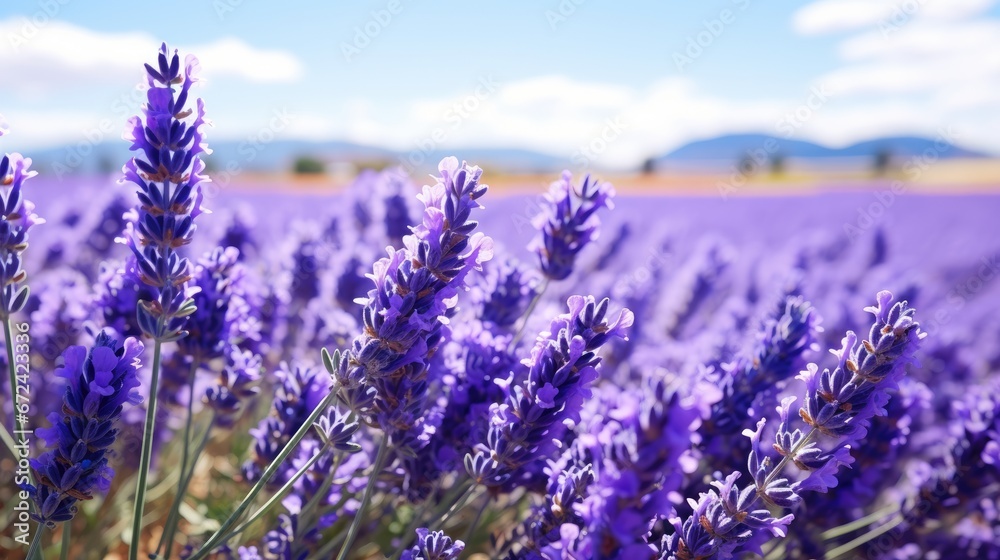 Obraz premium a field of lavender flowers with a blue sky in the background and a few clouds in the sky in the distance. generative ai