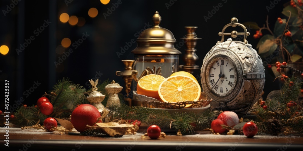 A clock sitting on top of a table next to festive Christmas decorations. This image can be used to depict the holiday season and the passage of time.
