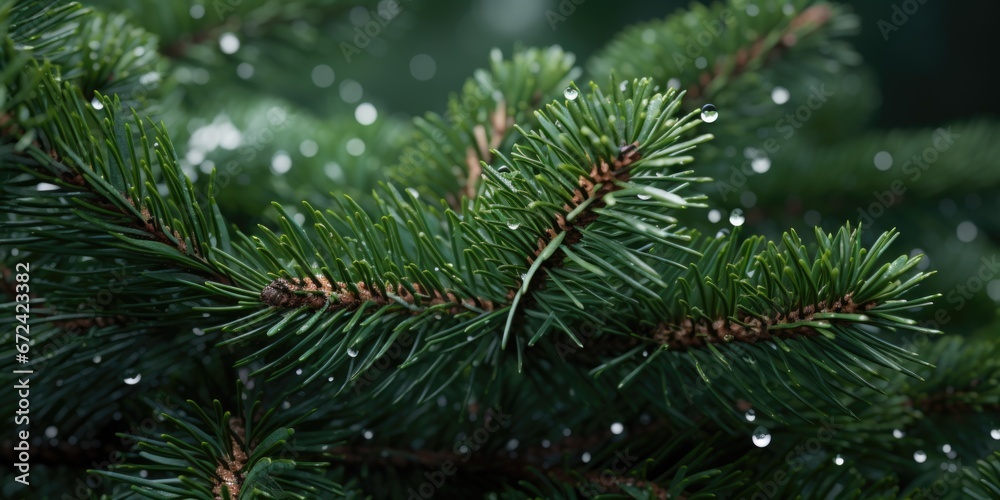 A detailed view of a pine tree with water droplets on its needles. This image captures the natural beauty and freshness of the tree. Ideal for nature-themed projects or environmental campaigns.