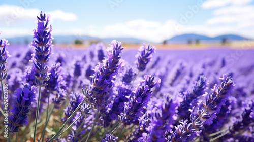  a field of lavender flowers with a blue sky in the background and a few clouds in the sky in the distance.  generative ai