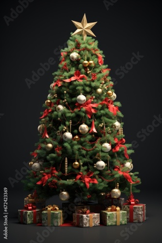 A festive Christmas tree surrounded by beautifully wrapped presents. Perfect for holiday decorations or greeting cards.