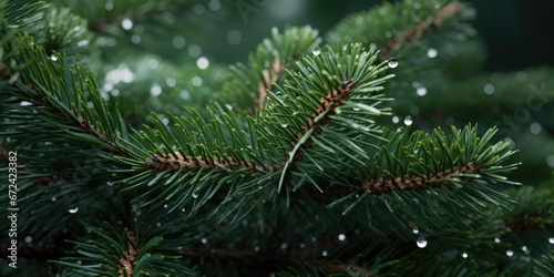 A detailed view of a pine tree with water droplets on its needles. This image captures the natural beauty and freshness of the tree. Ideal for nature-themed projects or environmental campaigns.