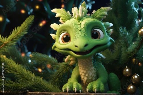 A close-up photograph of a toy dragon positioned near a beautifully decorated Christmas tree. This image can be used to add a touch of whimsy and fantasy to holiday-themed projects. © Fotograf