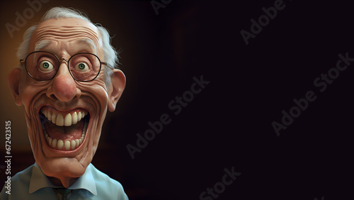 Mature man with eyeglasses having a big smile, 3D style cartoon illustration, isolated on a black background, copy space