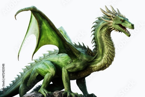 A green dragon statue sitting atop a rock. This image can be used to represent fantasy, mythology, or as a decorative element in a garden or outdoor space.