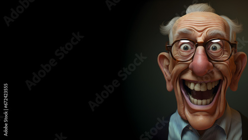 Mature man with eyeglasses having a big smile, 3D style cartoon illustration, isolated on a black background, copy space