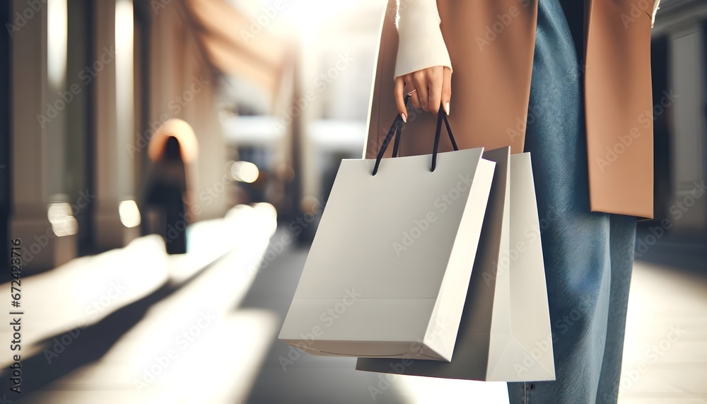 Elegant woman carrying paper shopping bags from shopping, closeup on bags, lifestyle concept background