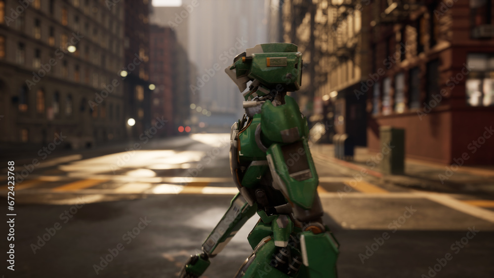 robot walking along a deserted street in a big city. humanoid AI robot crossing street. 3d animation. future automation job. robot walking along a deserted street in a big city. humanoid AI robot crossing street. 3d animation. future automation job.
