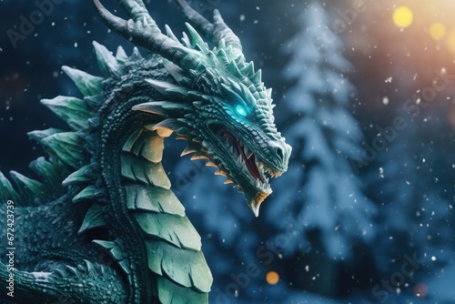 A close-up view of a dragon in the snow. This image can be used for fantasy-themed designs or to represent strength and power in a winter setting. © Fotograf