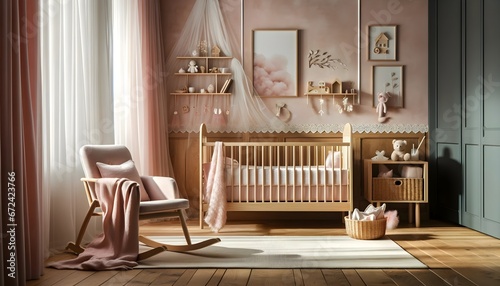 Modern interior baby room design in pink and white colour style  aesthetic luxury children room concept background