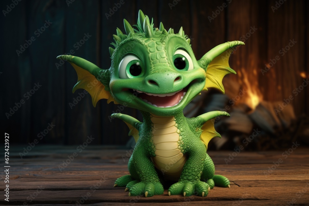 Fototapeta premium A green toy dragon sitting on top of a wooden floor. Perfect for children's playtime or fantasy-themed designs.