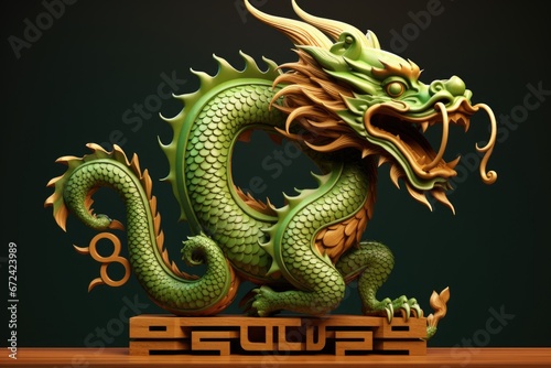 A picture of a green dragon statue placed on a table. This image can be used as a decorative element or as a symbol of power and strength. © Fotograf