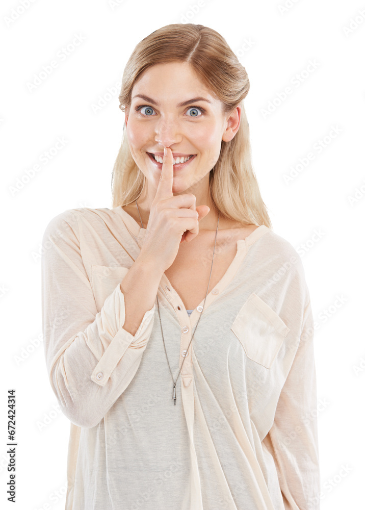 Portrait, smile and hush with a natural woman isolated on a transparent background for a secret, gossip or mystery. Face, finger on lips for quiet and a happy or excited young model on PNG to whisper Portrait, smile and hush with a natural woman isolated on a transparent background for a secret, gossip or mystery. Face, finger on lips for quiet and a happy or excited young model on PNG to whisper