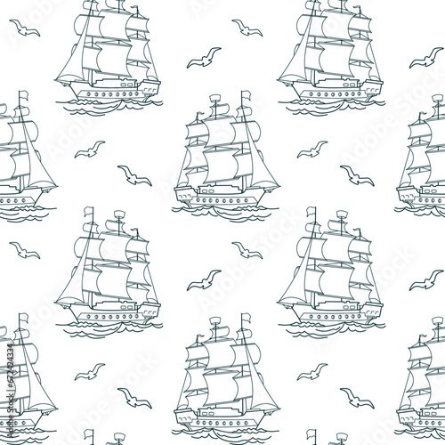 Seamless pattern, sea ship, frigate, caravel with seagulls on a white background. Marine background, line art, vector