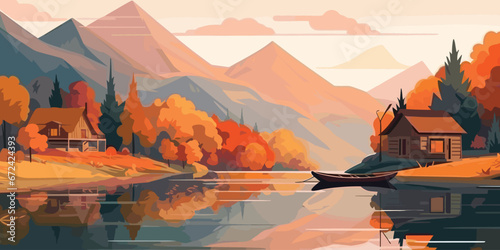 Panoramic view of vector illustration of scenic autumn landscape. 