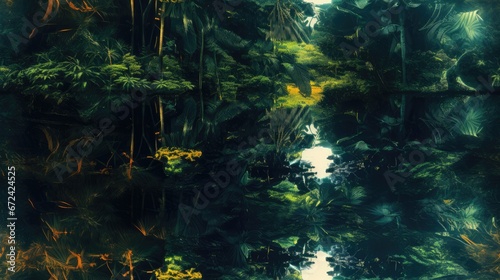  a painting of a river running through a forest filled with lots of green plants and trees on both sides of the river. generative ai