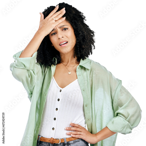 Fotografía Face palm, portrait and woman in studio with mistake, oops or oh no on isolated, transparent or png background