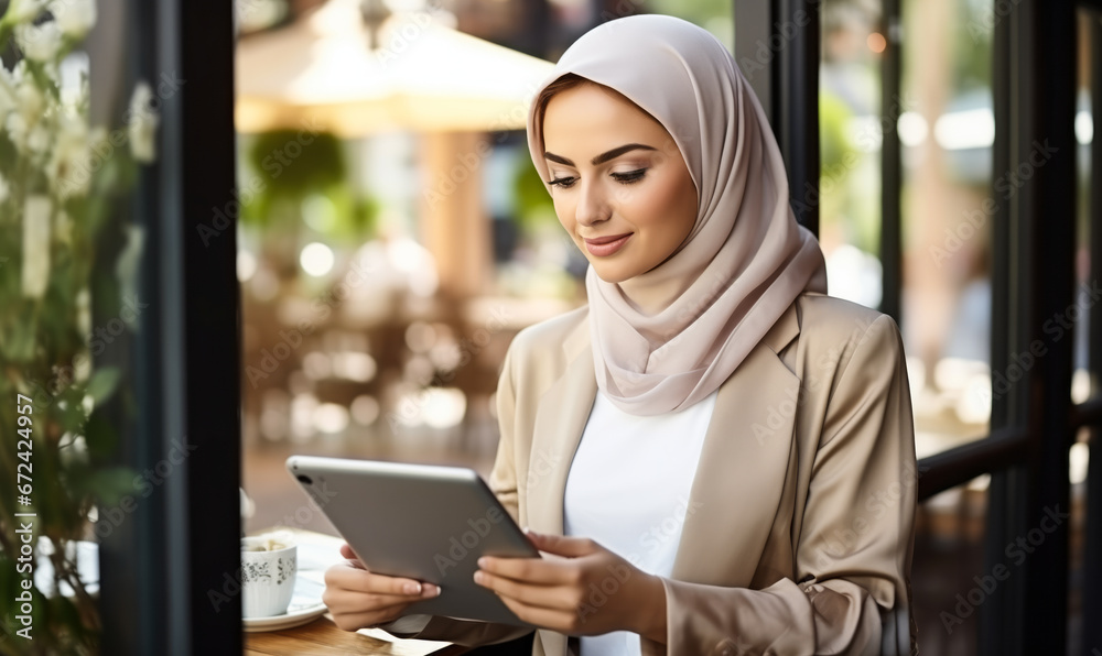 Innovating in Style: Elegant Muslim Business Woman and Her Tablet