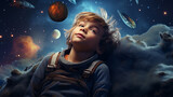 little boy with moon in space at background of the earth