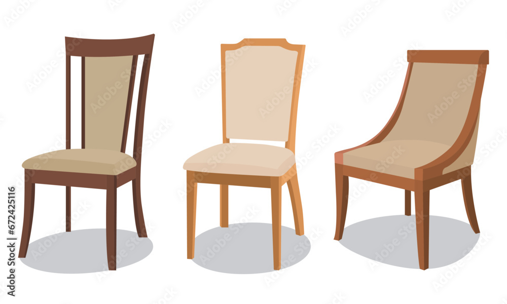 Fototapeta premium Collection of flat design chairs of various variation, modern wooden chairs. Vector illustration