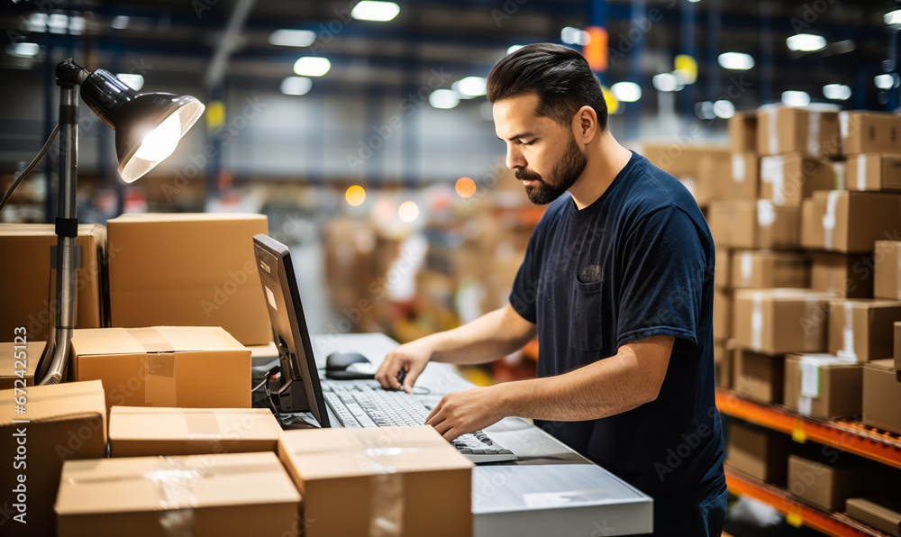Order Verification: Male Warehouse Worker at Computer Station