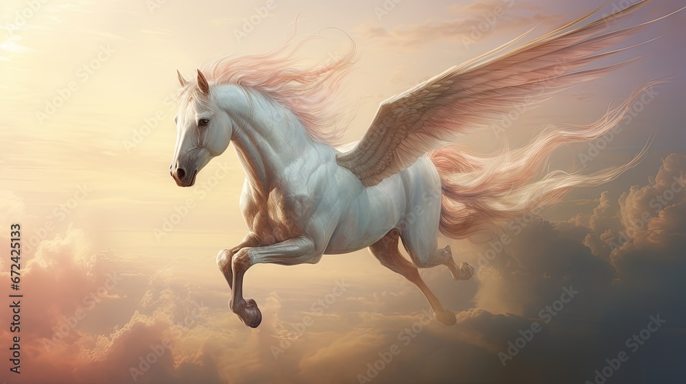  a digital painting of a white horse with wings flying through the air in a cloudy sky with a sunset behind it.  generative ai
