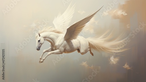  a painting of a white horse with white wings flying through the air with a city in the distance behind it.  generative ai © Anna