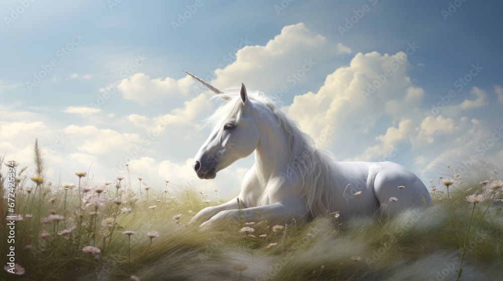  a white unicorn laying down in a field of flowers with a long horn in its's's hair.  generative ai