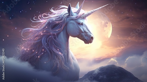  a unicorn standing on top of a cloud covered mountain under a moon filled sky with stars and a full moon behind it.  generative ai photo