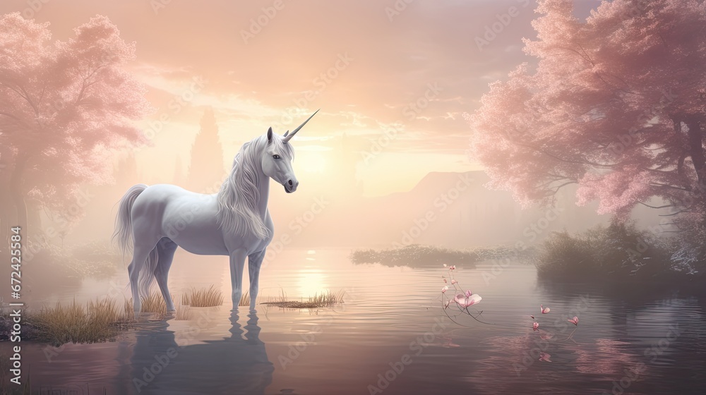 a white unicorn standing in the middle of a body of water with flamingos in the background and a sunset in the background.  generative ai