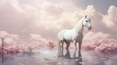  a white unicorn standing in the middle of a pond of water with pink flowers in the background and clouds in the sky.  generative ai