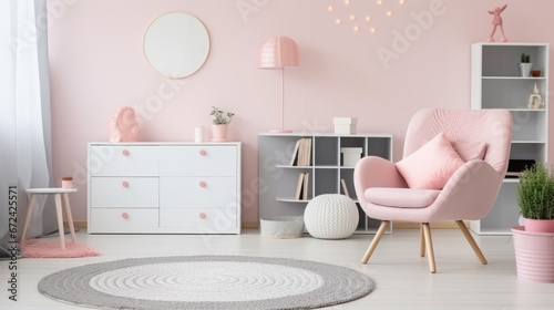 scandi style girl bedroom with pink chic chair  and a white circular carpet. generative ai