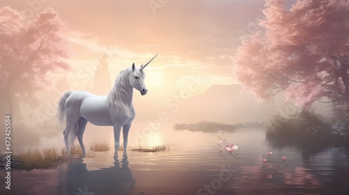  a white unicorn standing in the middle of a body of water with flamingos in the background and a sunset in the background.  generative ai © Anna