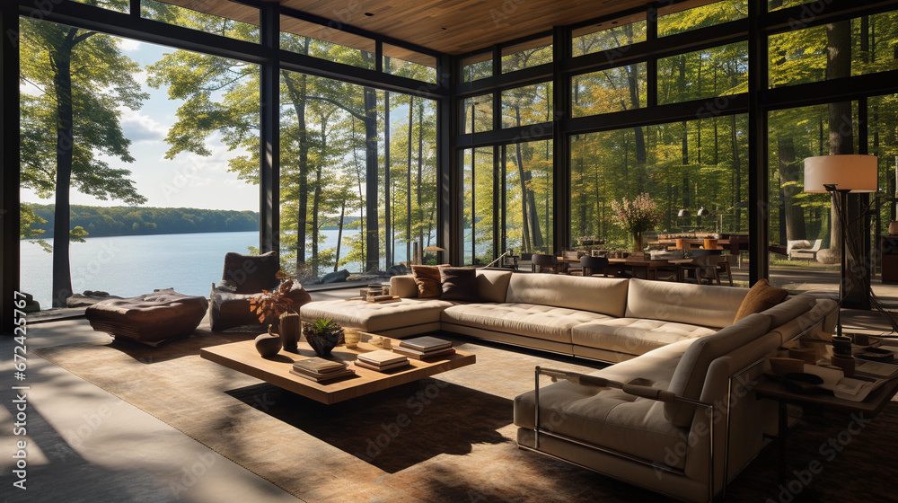 A sunlit living room with floor-to-ceiling windows ove