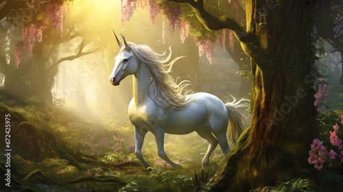  a white unicorn standing in the middle of a forest next to a tree with pink flowers on it's head.  generative ai