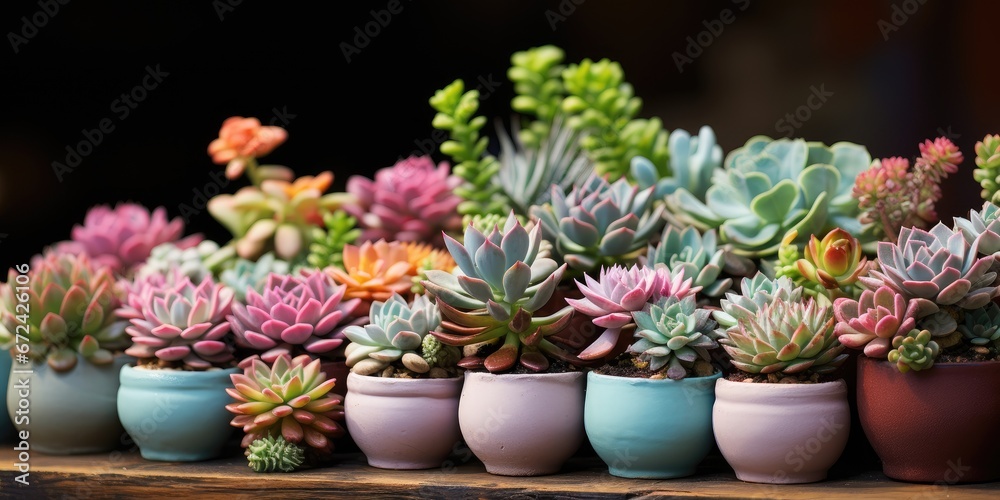 Many colored succulents in pots close-up. Gardening. Generative AI