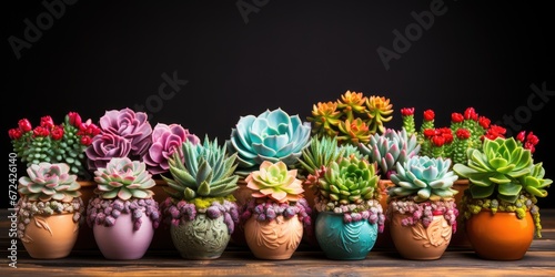 Many colored succulents in pots close-up. Gardening. Generative AI © 22_monkeyzzz