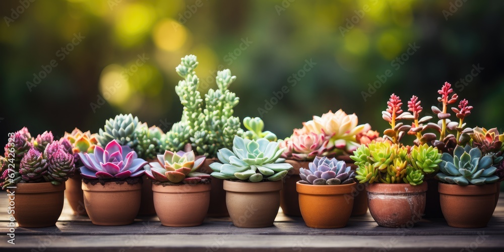 Many different colored succulents in clay pots, space for text. Generative AI