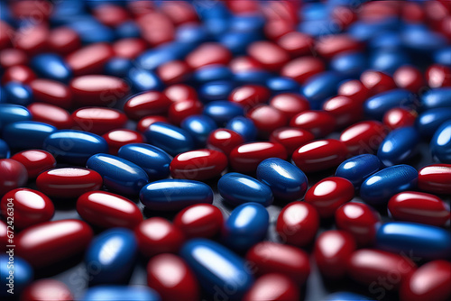 Red and blue pills and tabletes, close-up, health and pharmaceutical concept, generated by AI photo